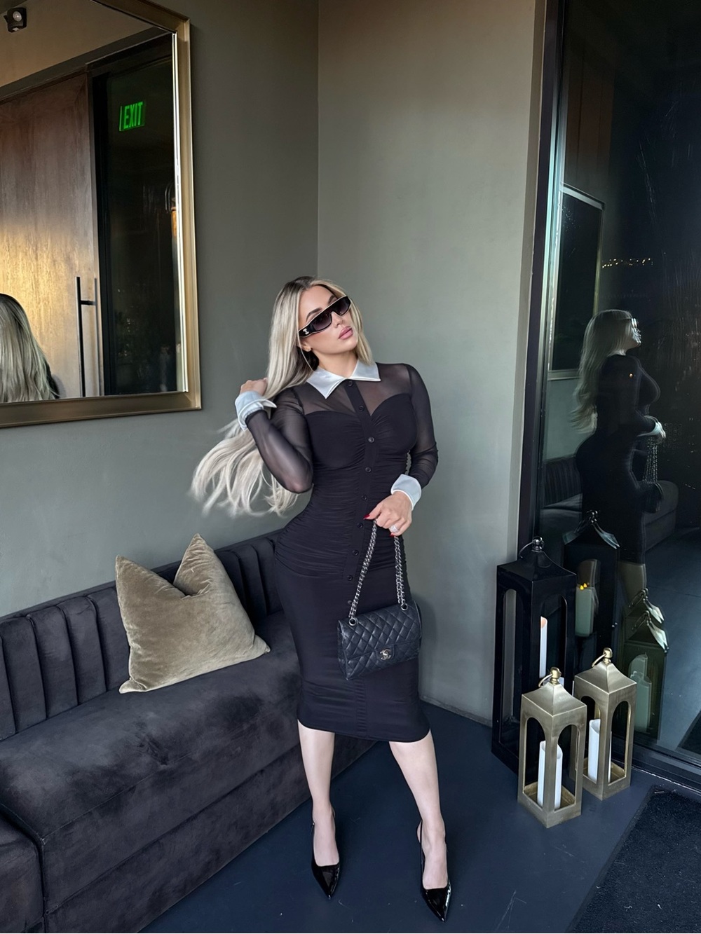 Black Sheer-Panel Midi Dress with White Collar